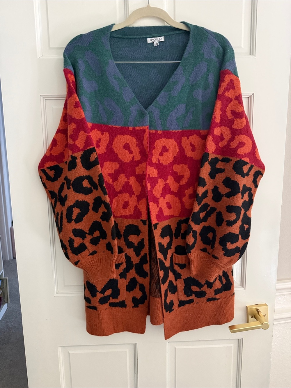 NWT Baciano Multicolor Leopard-Print Open Cardigan - Green, Red, Rust, Black